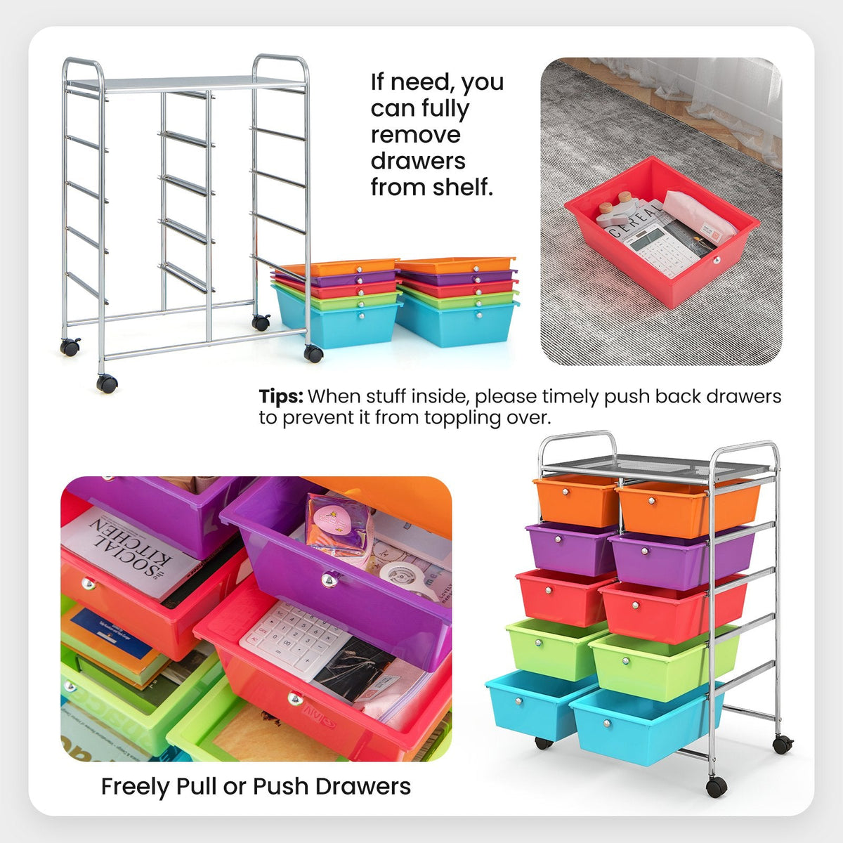 10-Drawer Rolling Storage Cart-Deep Multicolor