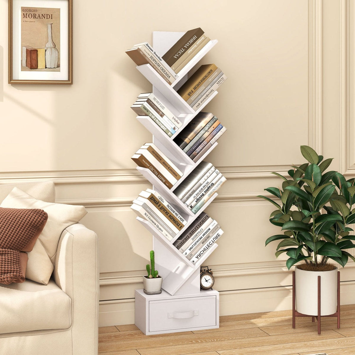 10 Tier Tree Bookshelf with Fabric Drawer, Narrow Freestanding Bookcase, White