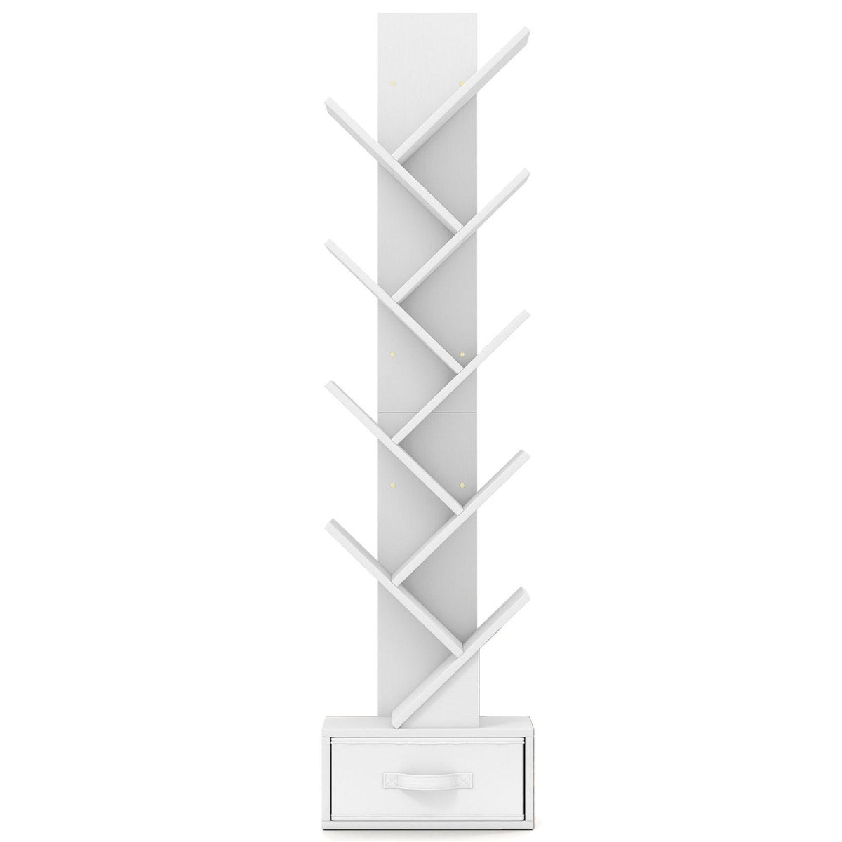 10 Tier Tree Bookshelf with Fabric Drawer, Narrow Freestanding Bookcase, White