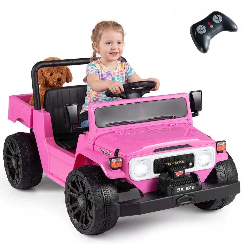 12V Licensed Toyota Kids Ride On Truck, Pink, with Soft Start, 3 Remote Speeds, Dump Bed and 66 lb Seat Capacity