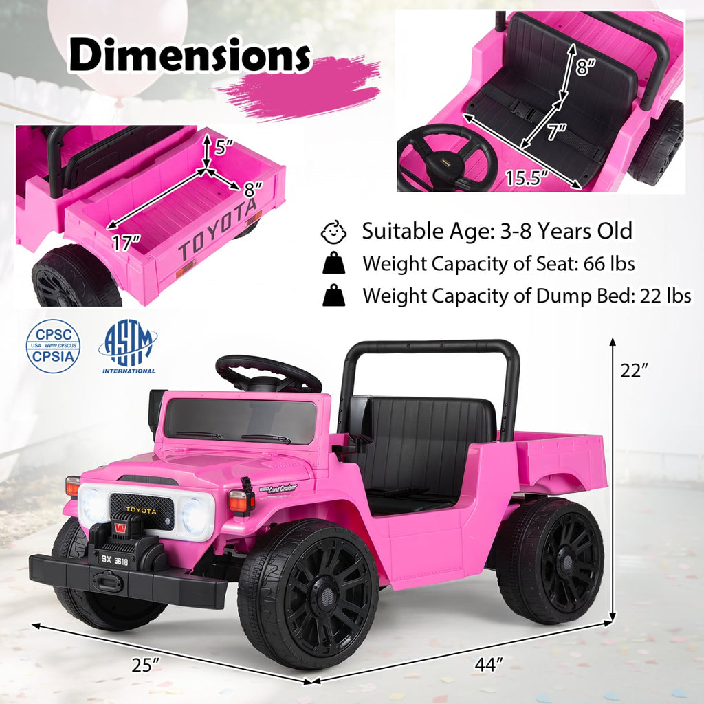 12V Licensed Toyota Kids Ride On Truck, Pink, with Soft Start, 3 Remote Speeds, Dump Bed and 66 lb Seat Capacity