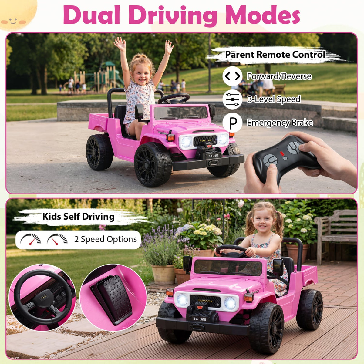 12V Licensed Toyota Kids Ride On Truck, Pink, with Soft Start, 3 Remote Speeds, Dump Bed and 66 lb Seat Capacity