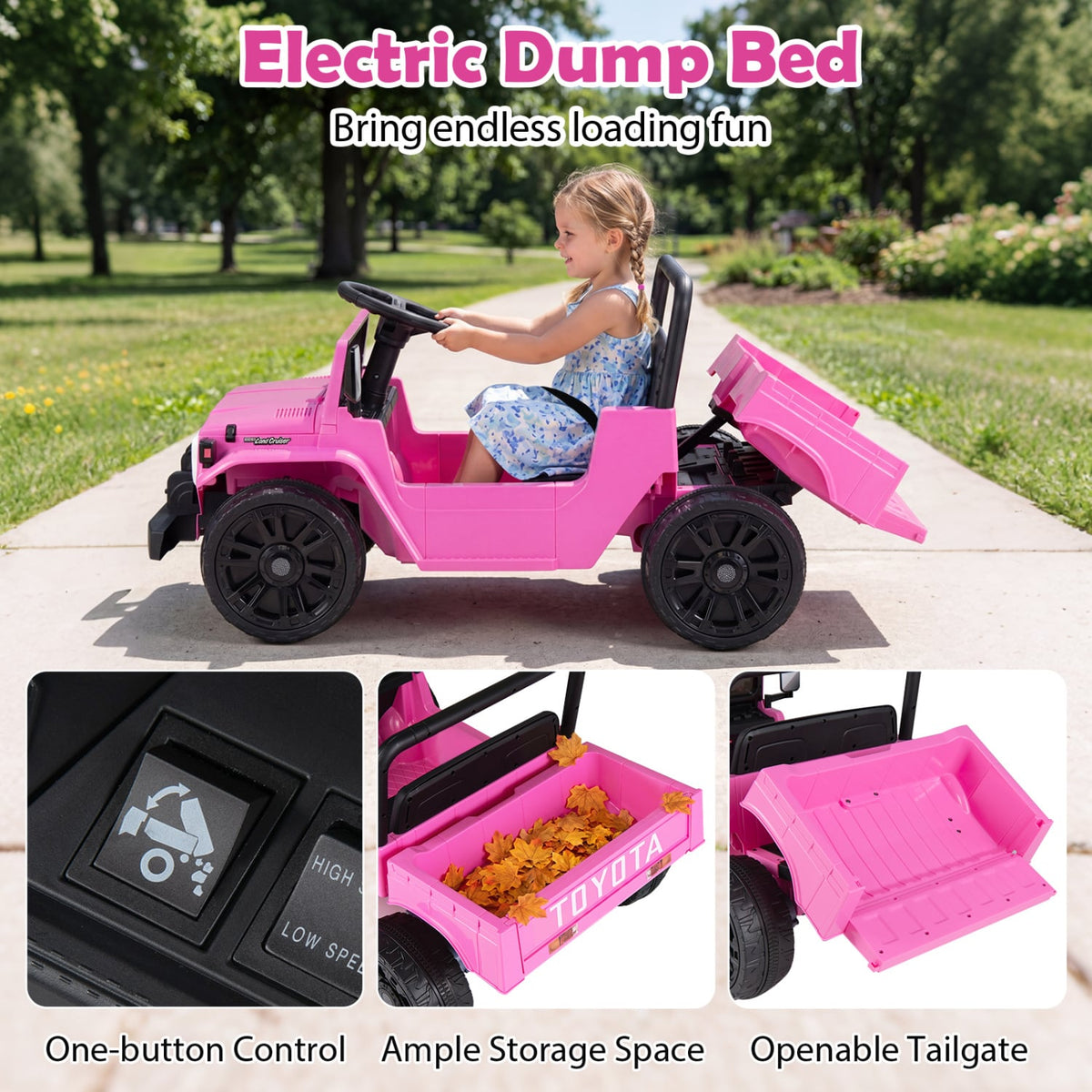 12V Licensed Toyota Kids Ride On Truck, Pink, with Soft Start, 3 Remote Speeds, Dump Bed and 66 lb Seat Capacity