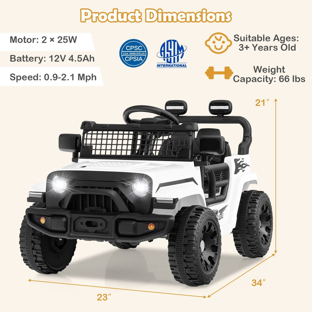 12V Kids Ride On Truck with Soft Start and Stop, 1 to 2 Second Braking, Parent Remote and Spring Suspension, 66 lb, White