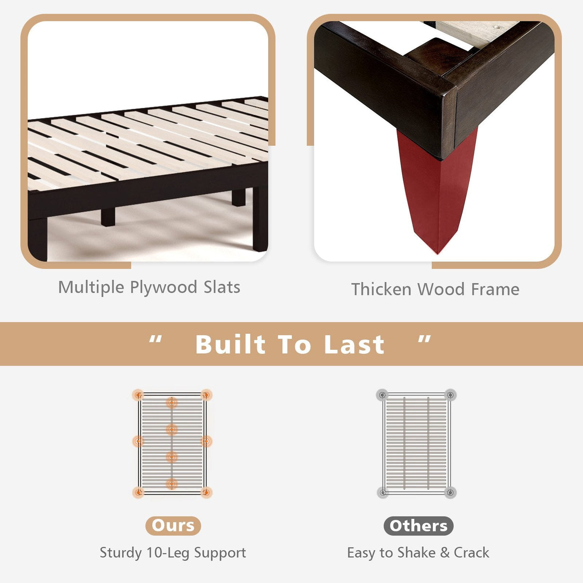 14 Inch Full Size Wood Platform Bed Frame with 14 Poplar Slats and 500 lb Capacity, Brown