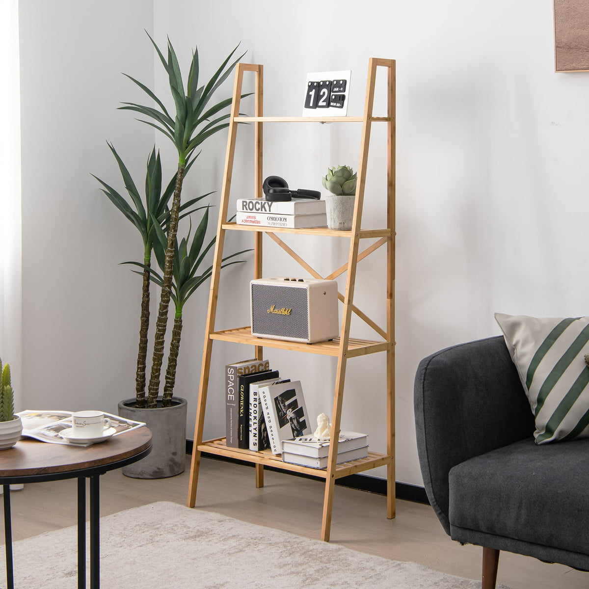 58 Inch 4 Tier Bamboo Ladder Bookshelf and Plant Stand, Natural