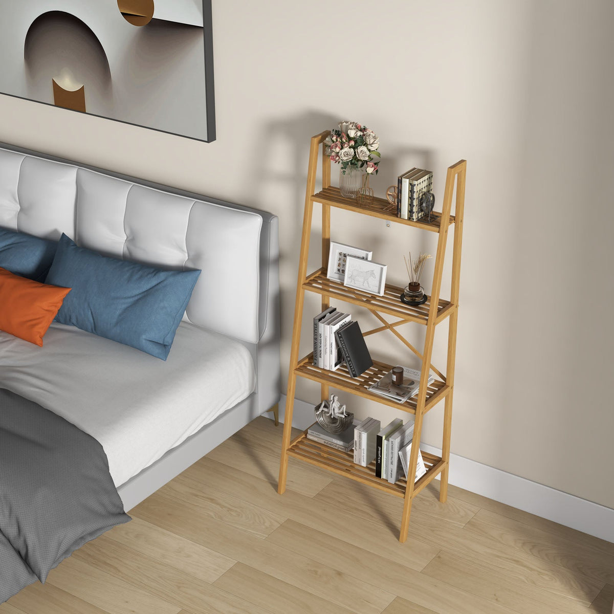 58 Inch 4 Tier Bamboo Ladder Bookshelf and Plant Stand, Natural