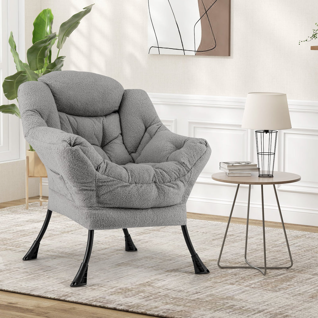 Sherpa Upholstered Accent Chair with Cozy Head Pillow-Gray