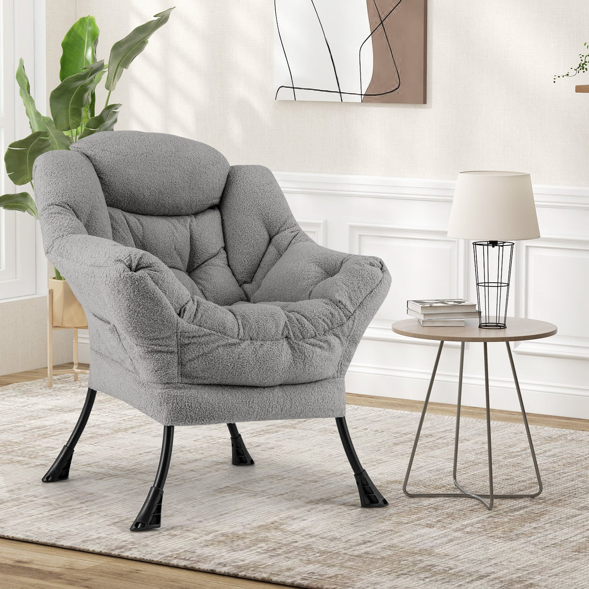 Sherpa Upholstered Accent Chair with Cozy Head Pillow-Gray