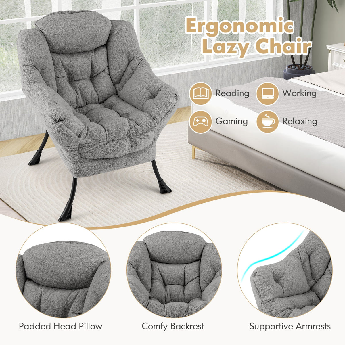 Sherpa Upholstered Accent Chair with Cozy Head Pillow-Gray