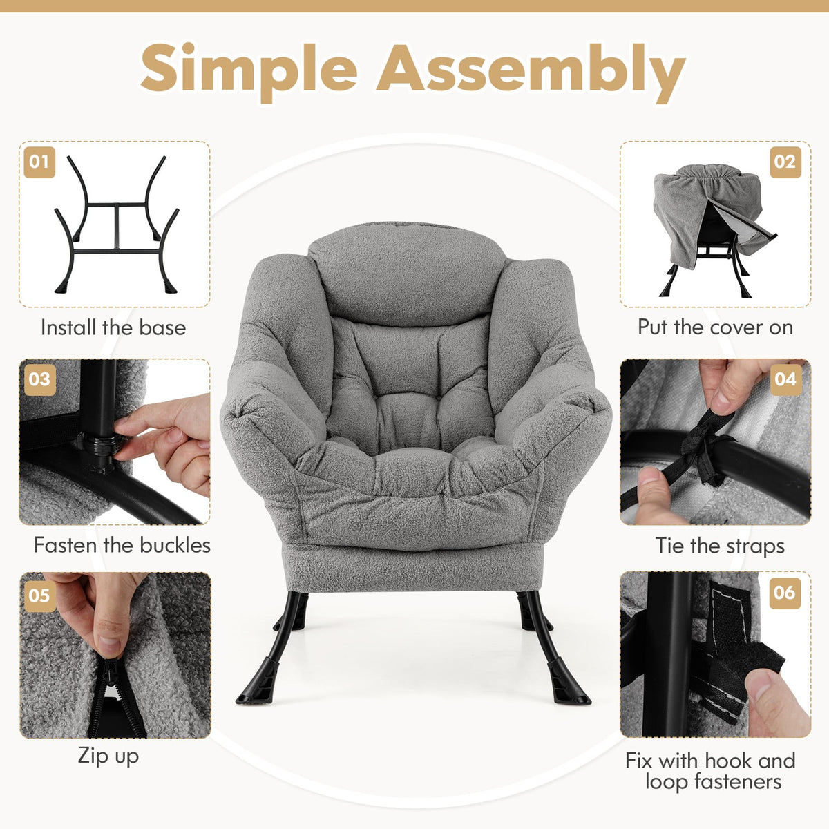 Sherpa Upholstered Accent Chair with Cozy Head Pillow-Gray