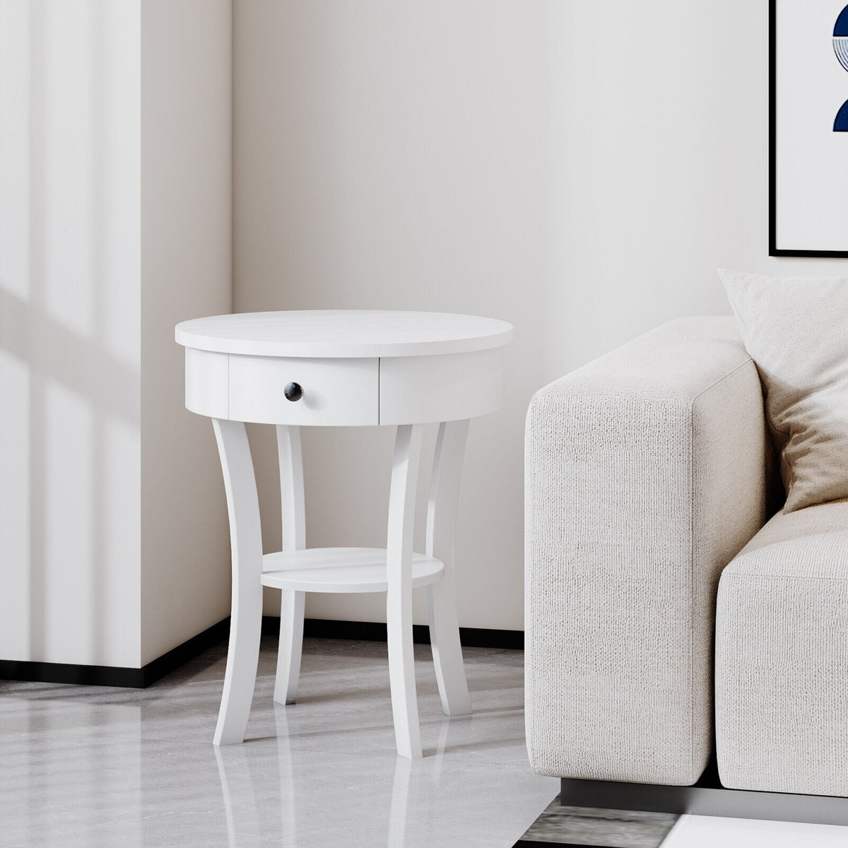 2 Tier Round End Table with Drawer and Curved Legs, White