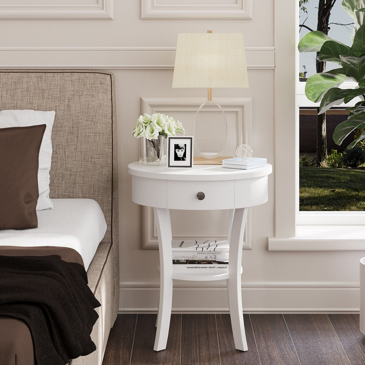 2 Tier Round End Table with Drawer and Curved Legs, White