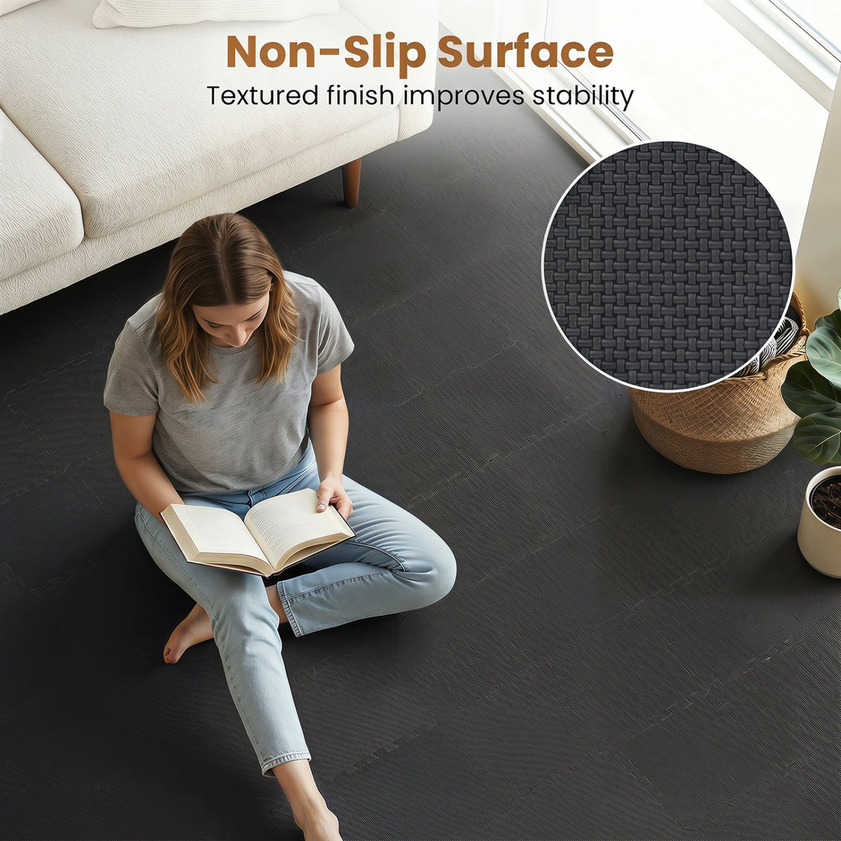 18 Pack Interlocking EVA Foam Floor Tiles with Boarders-Black