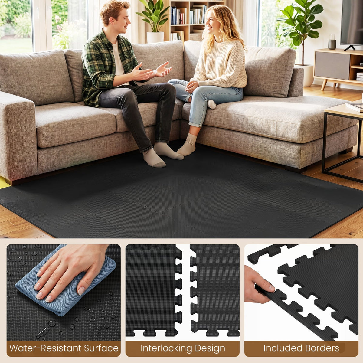 18 Pack Interlocking EVA Foam Floor Tiles with Boarders-Black