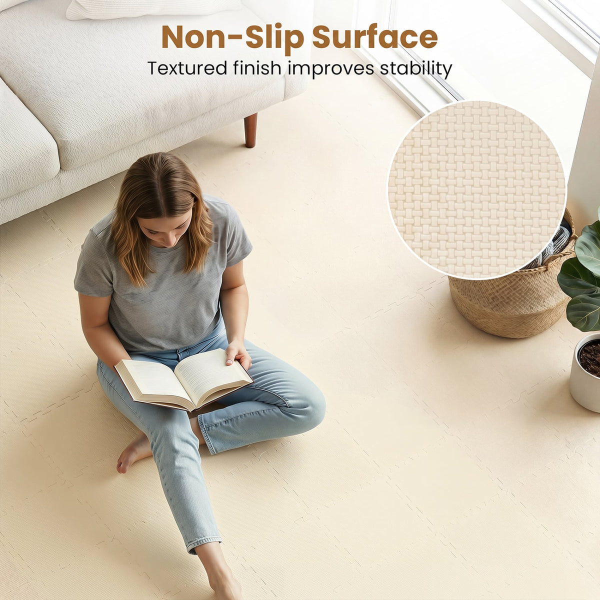 18 Pack Interlocking EVA Foam Floor Tiles with Boarders-Beige