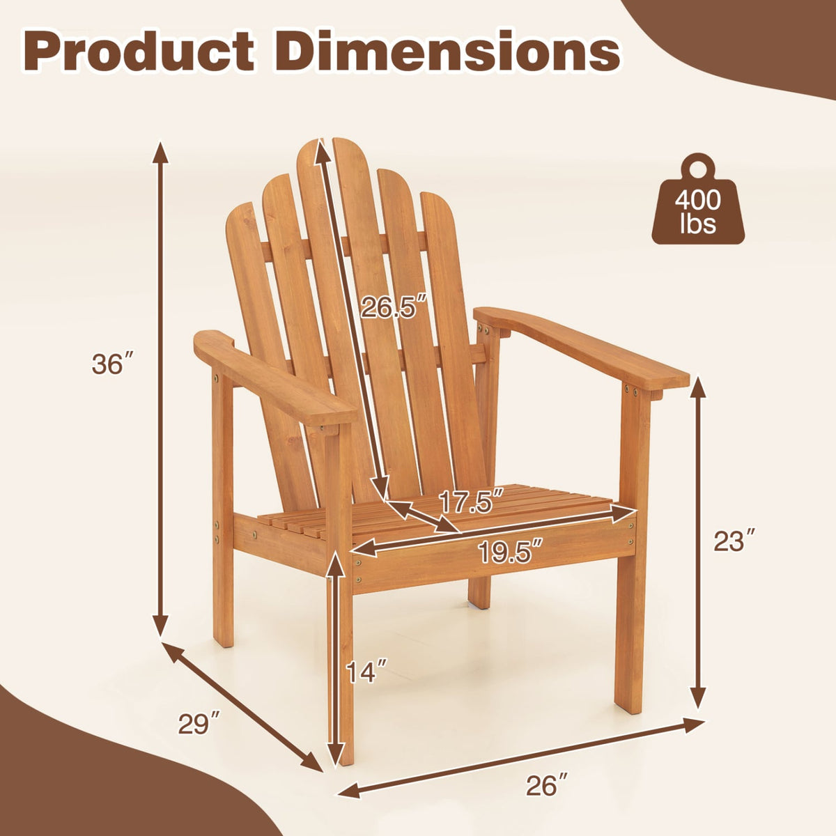 1-Pack Stackable Adirondack Chairs with Solid Acacia Wood for Patio