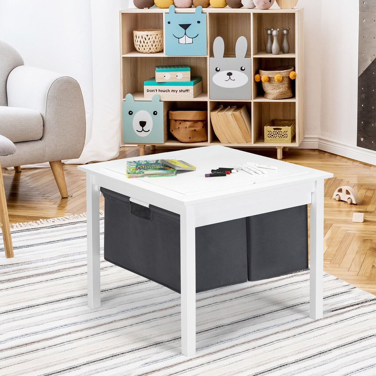 2 in 1 Kids Double Sided Activity Block Table with 2 Storage Drawers, White