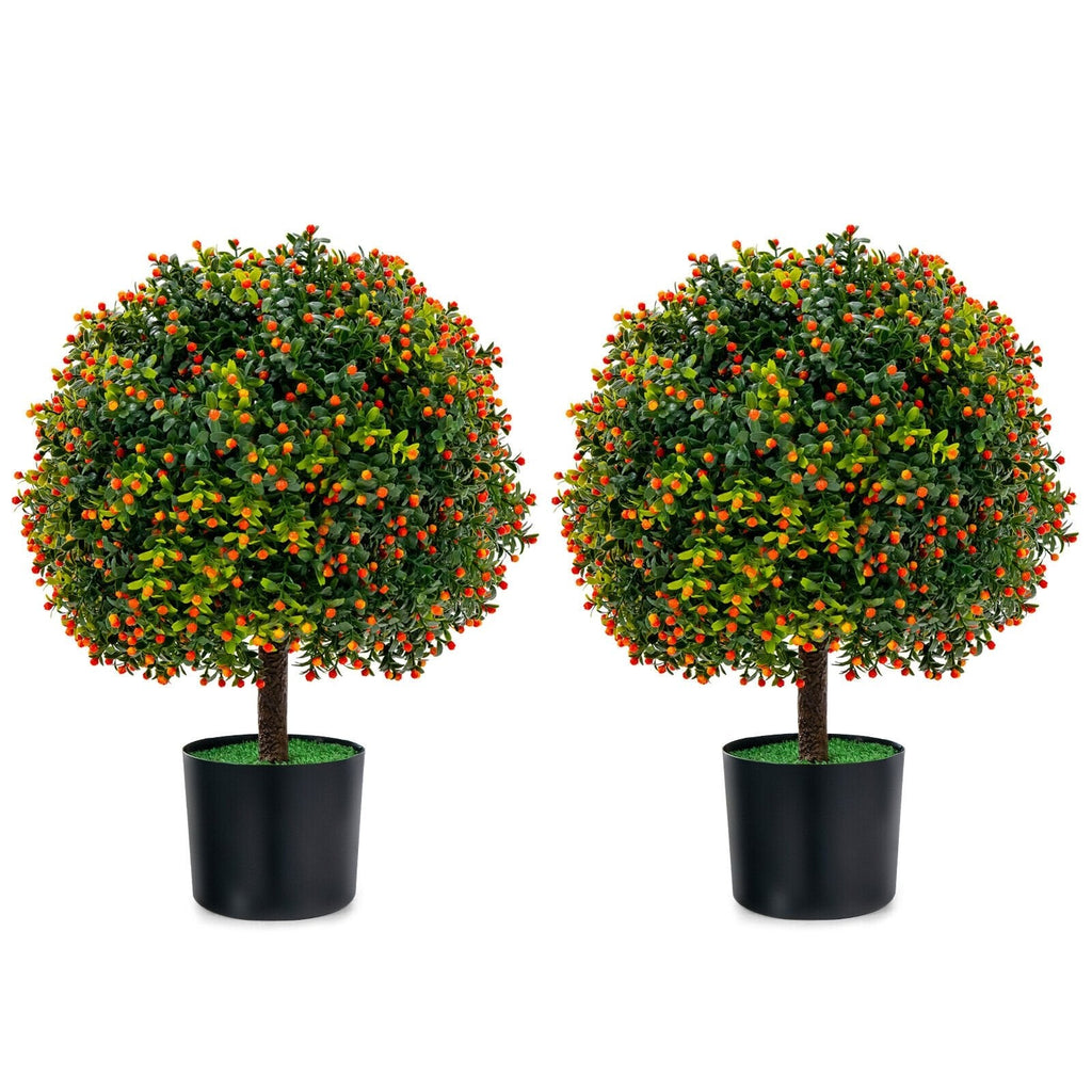 Artificial Boxwood Topiary Ball Trees with Orange Fruit, 2 Pack in Cement Pots