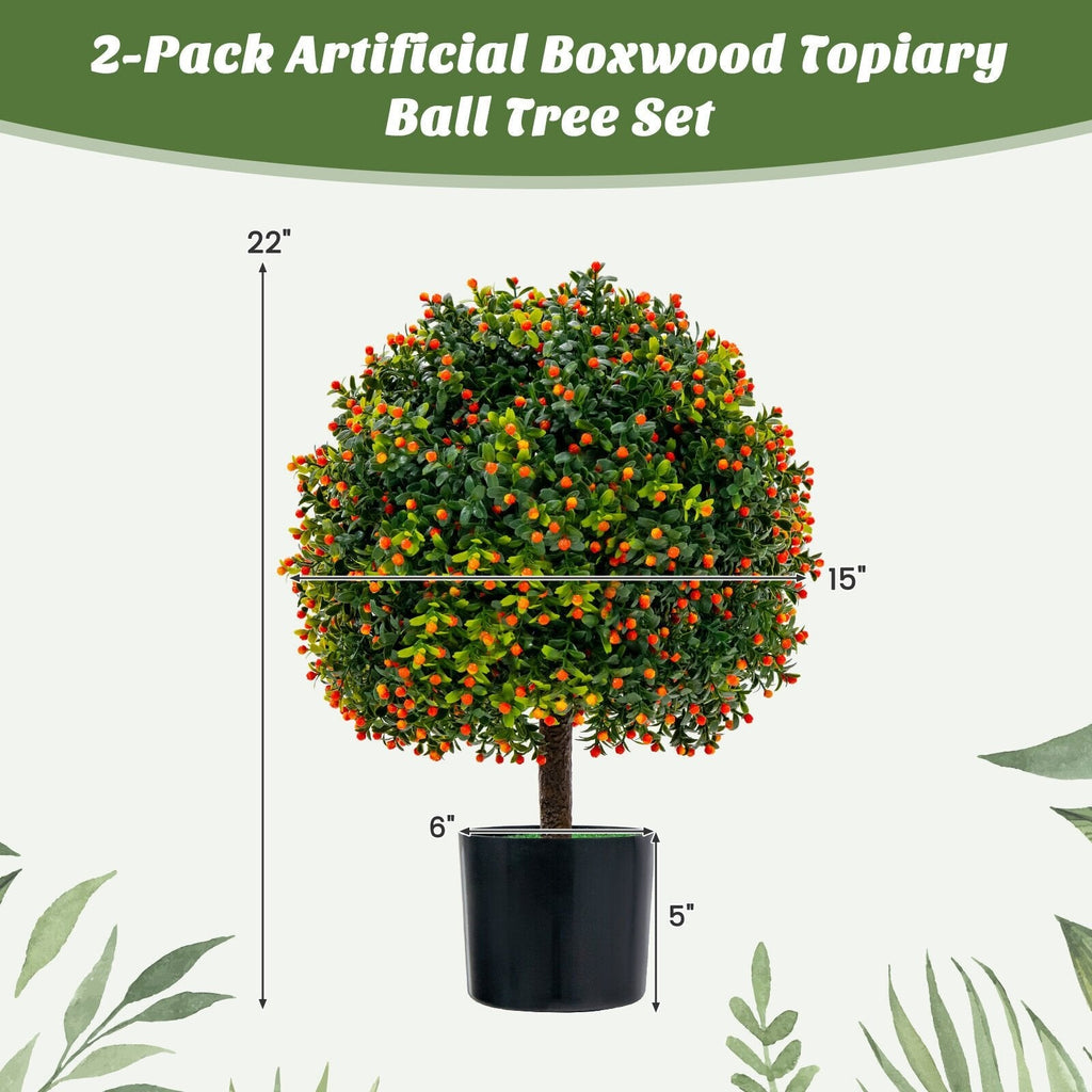 Artificial Boxwood Topiary Ball Trees with Orange Fruit, 2 Pack in Cement Pots
