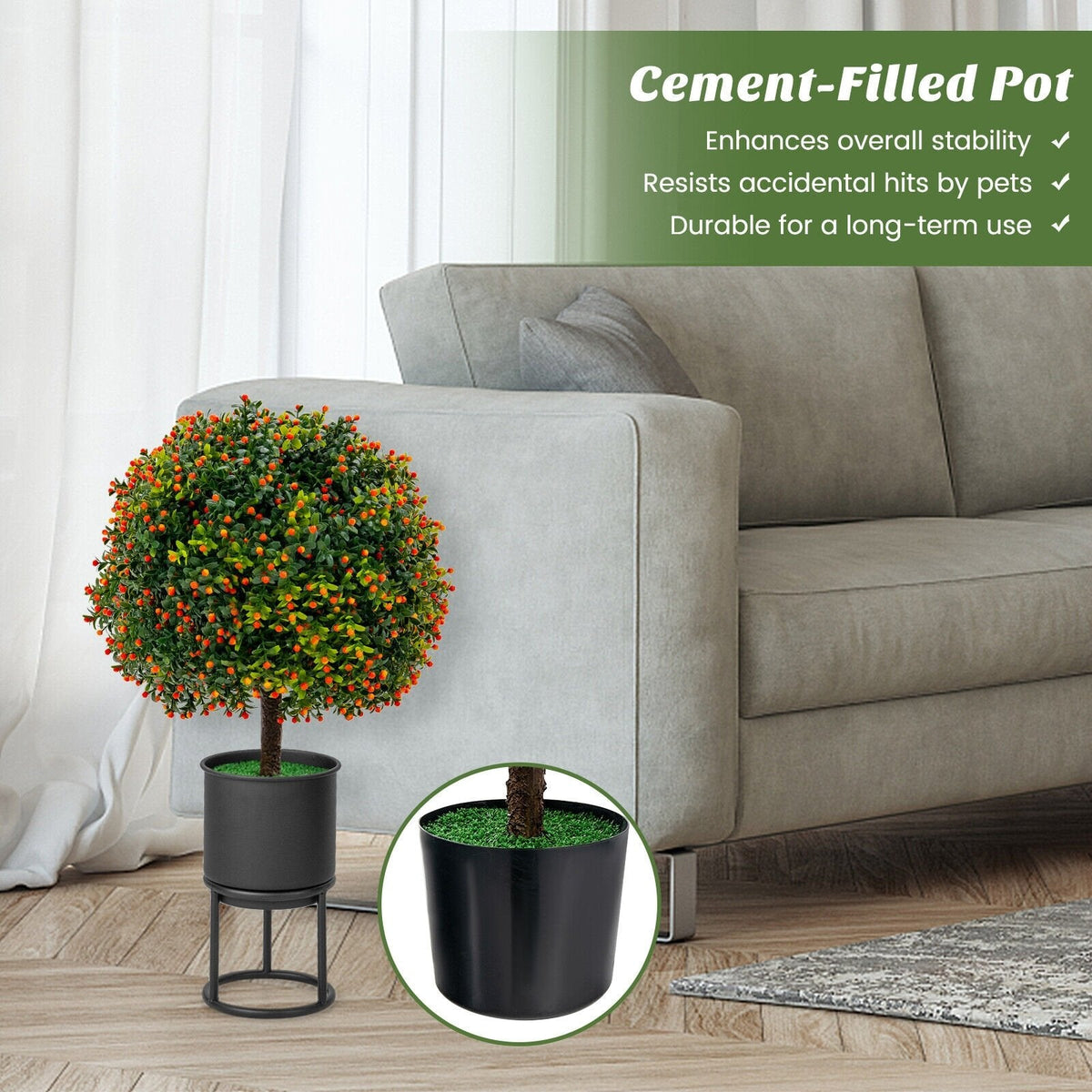 Artificial Boxwood Topiary Ball Trees with Orange Fruit, 2 Pack in Cement Pots
