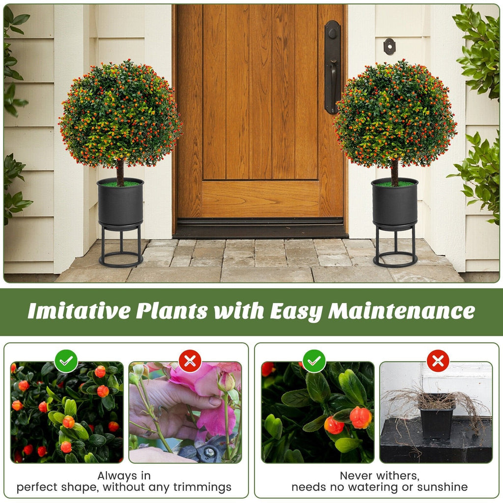Artificial Boxwood Topiary Ball Trees with Orange Fruit, 2 Pack in Cement Pots