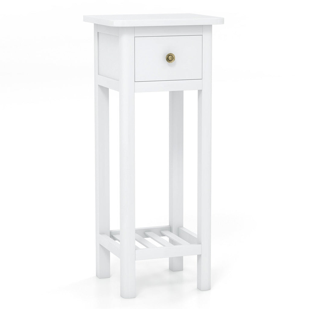 Tall Slim Nightstand with Drawer and Lower Shelf in Acacia Wood, White