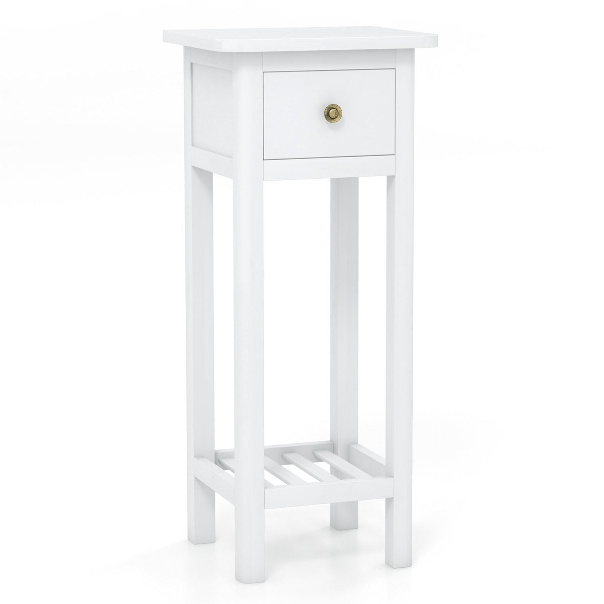 Tall Slim Nightstand with Drawer and Lower Shelf in Acacia Wood, White