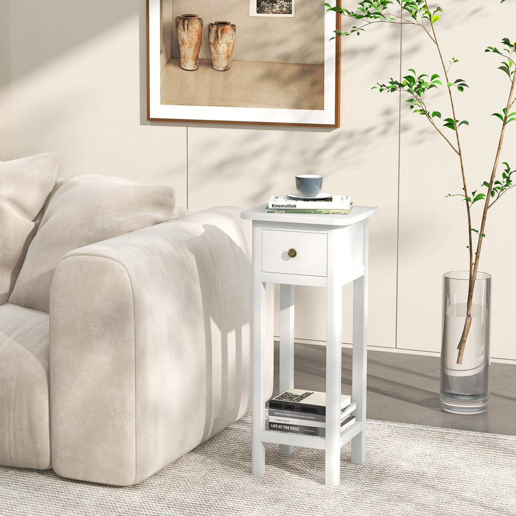 Tall Slim Nightstand with Drawer and Lower Shelf in Acacia Wood, White