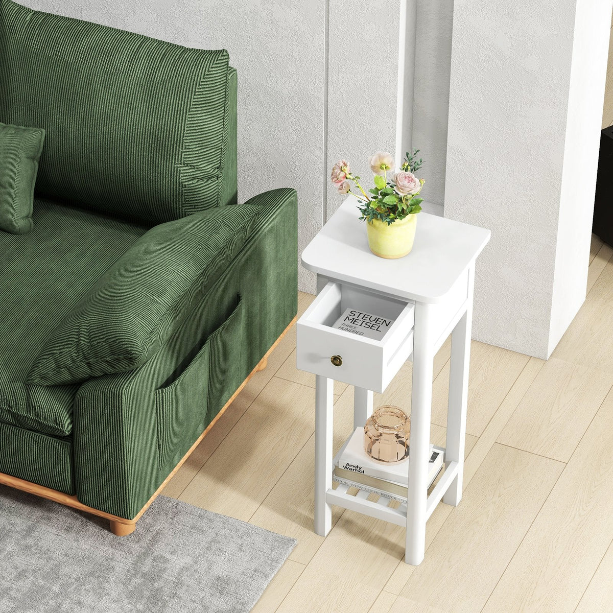 Tall Slim Nightstand with Drawer and Lower Shelf in Acacia Wood, White