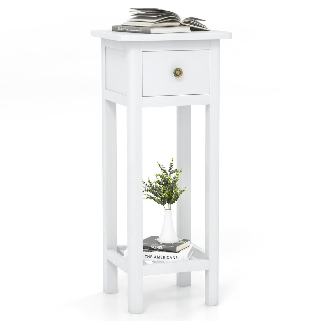 Tall Slim Nightstand with Drawer and Lower Shelf in Acacia Wood, White