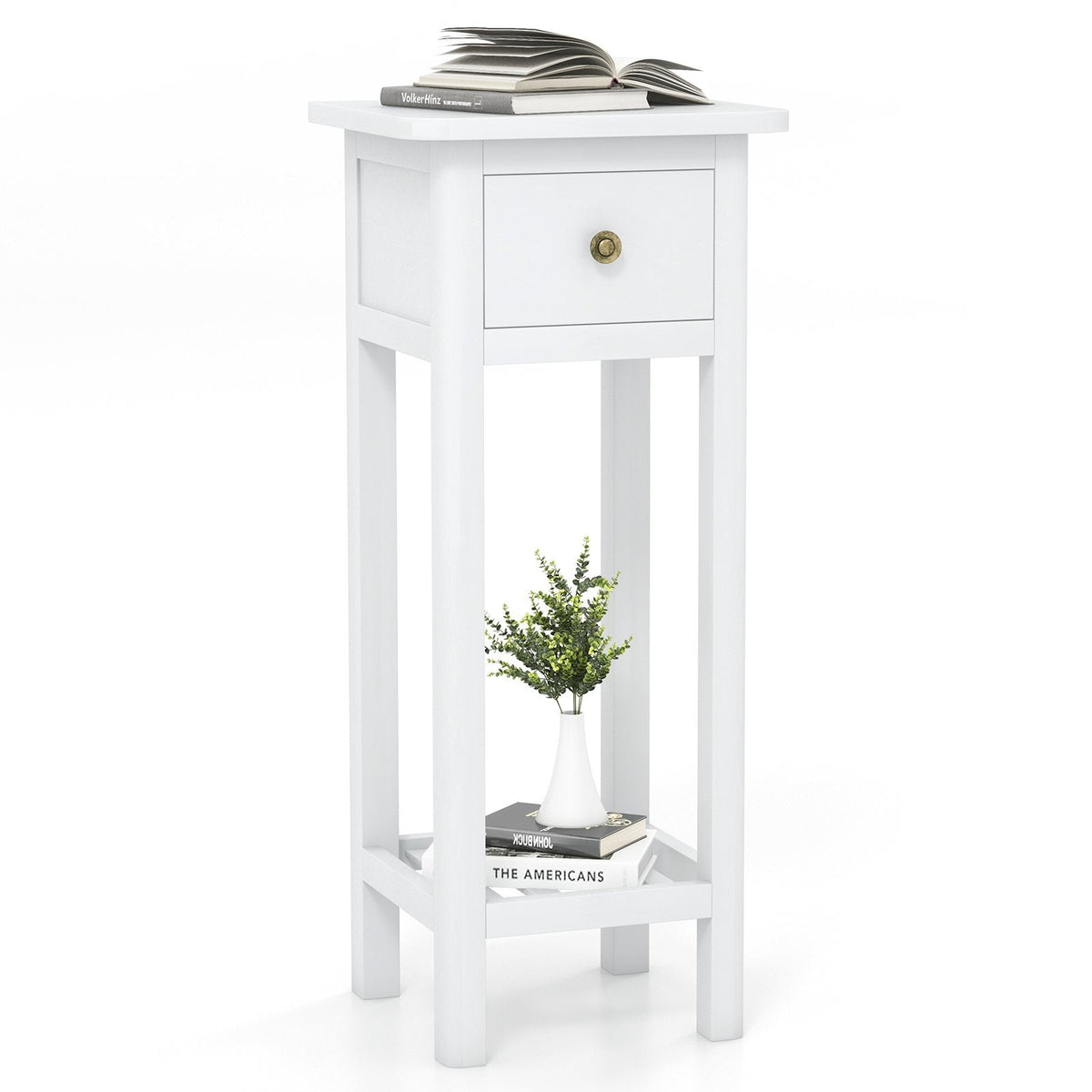 Tall Slim Nightstand with Drawer and Lower Shelf in Acacia Wood, White