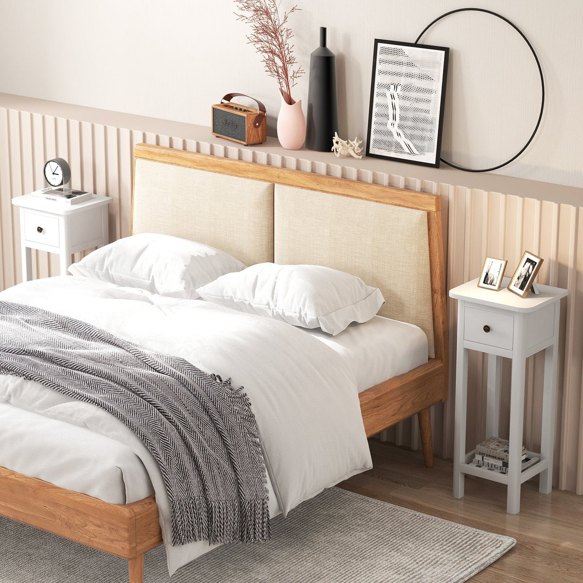Tall Slim Nightstand with Drawer and Lower Shelf in Acacia Wood, White