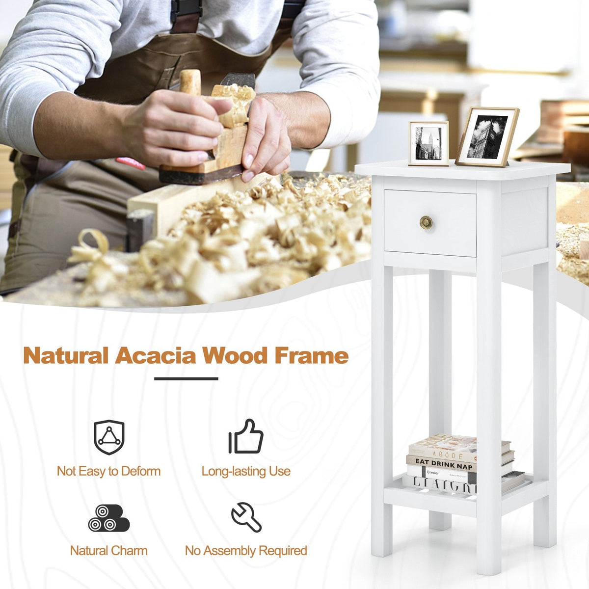 Tall Slim Nightstand with Drawer and Lower Shelf in Acacia Wood, White