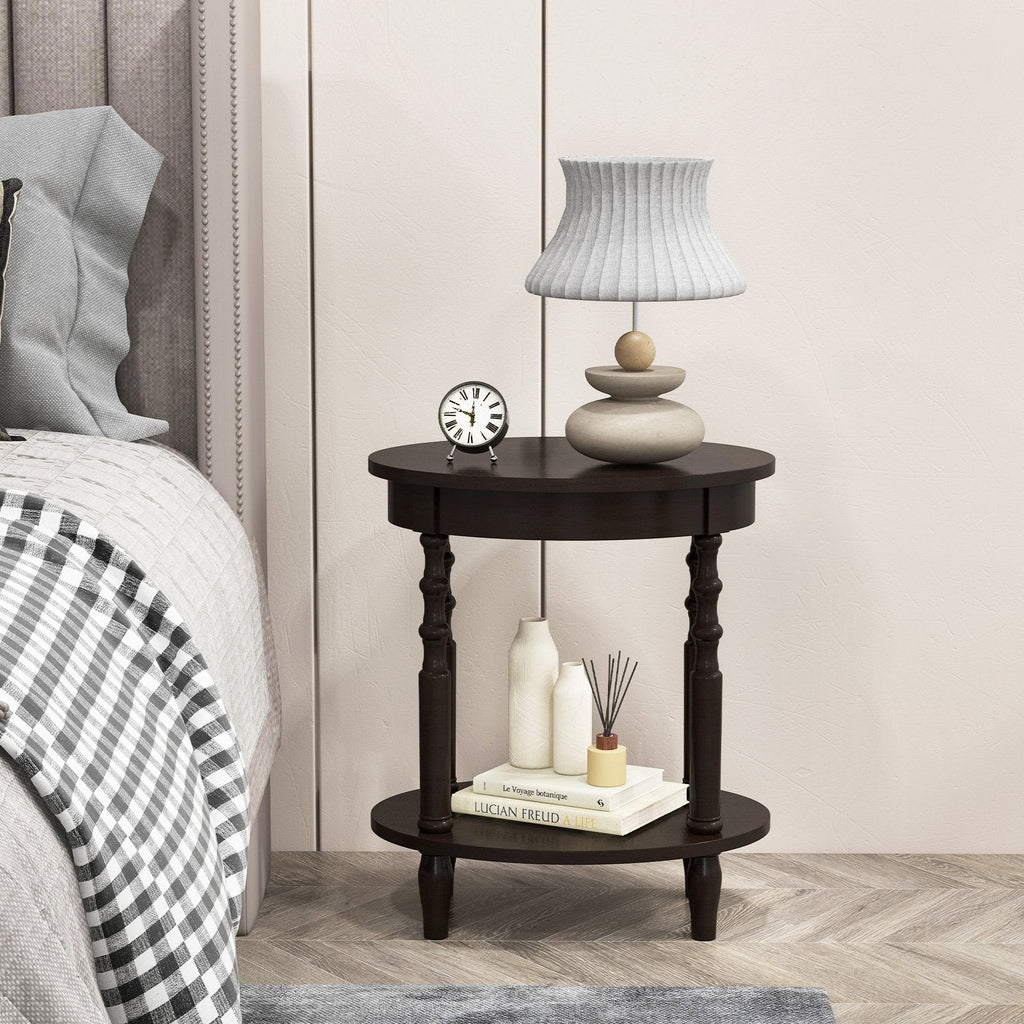 2-Tier Oval Side Table with Storage Shelf and Solid Wood Legs, Espresso