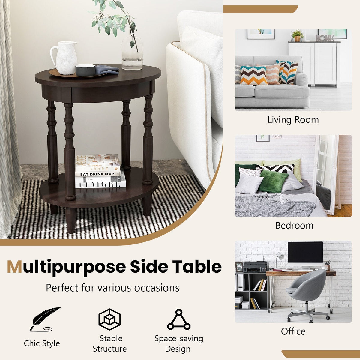 2-Tier Oval Side Table with Storage Shelf and Solid Wood Legs, Espresso