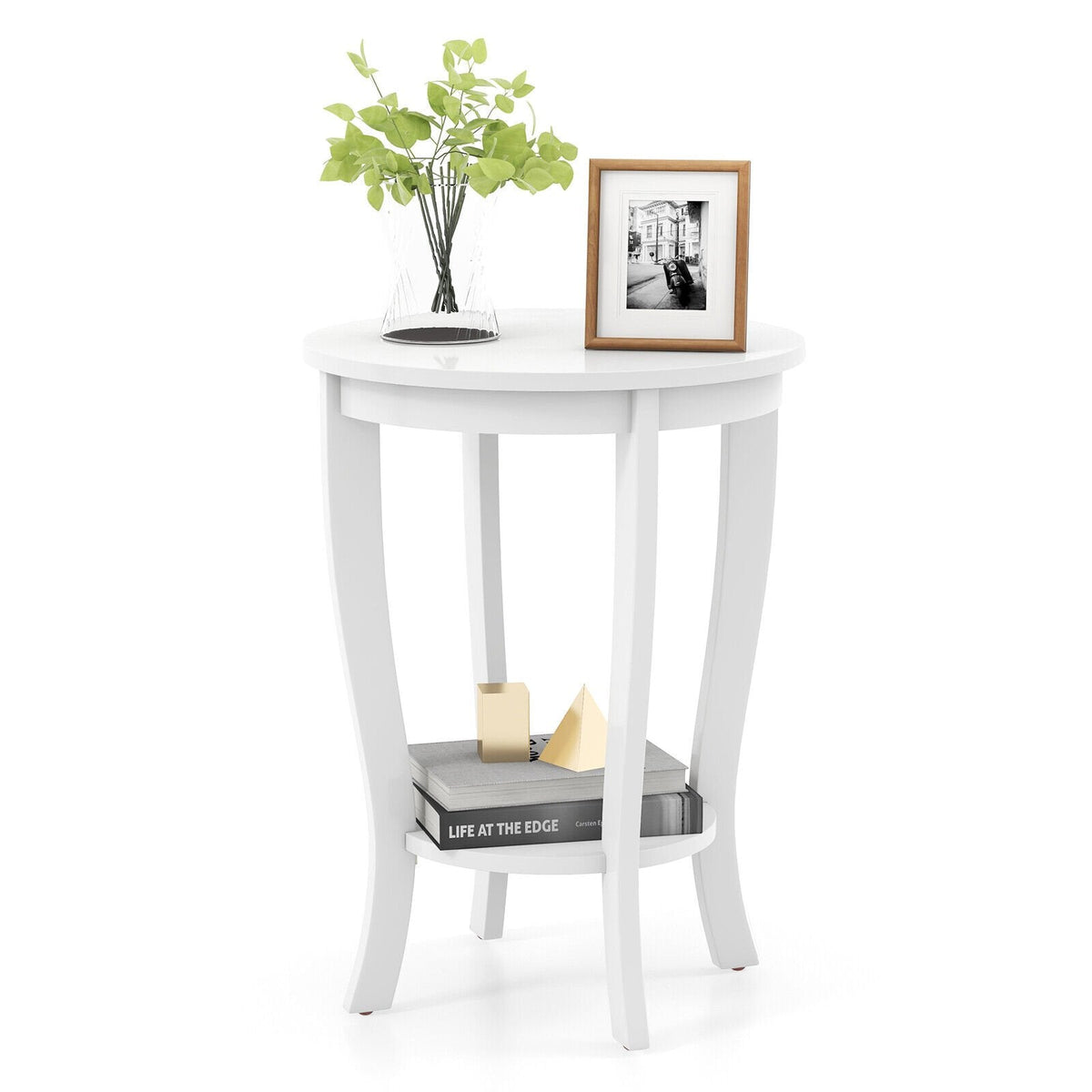2 Tier Round End Table with Solid Rubber Wood Legs, White
