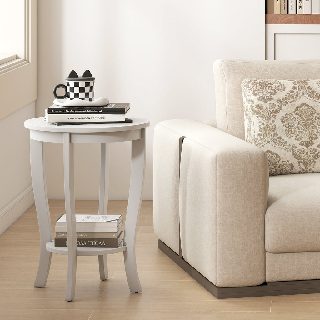 2 Tier Round End Table with Solid Rubber Wood Legs, White