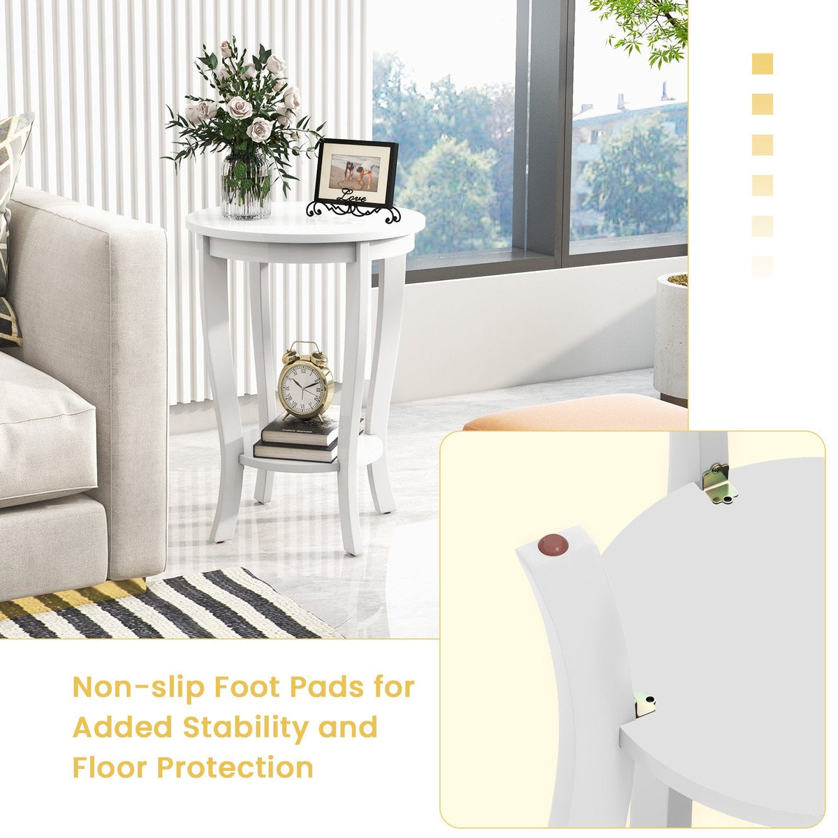 2 Tier Round End Table with Solid Rubber Wood Legs, White