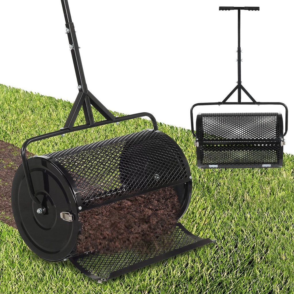 24 Inch Compost Spreader Peat Moss Spreader Roller with Height-Adjustable T-Shaped Handle-Black