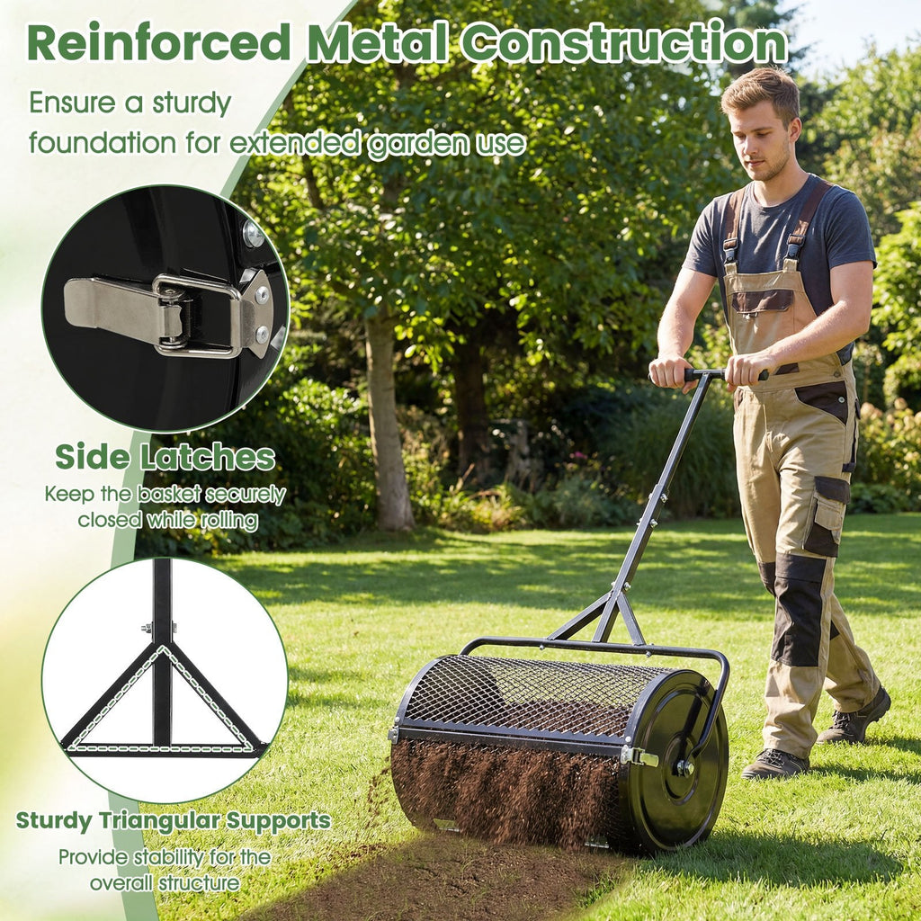 24 Inch Compost Spreader Peat Moss Spreader Roller with Height-Adjustable T-Shaped Handle-Black