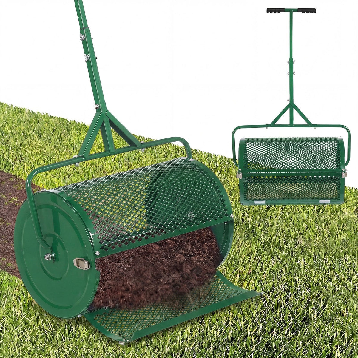24 Inch Compost Spreader Peat Moss Spreader Roller with Height-Adjustable T-Shaped Handle-Green