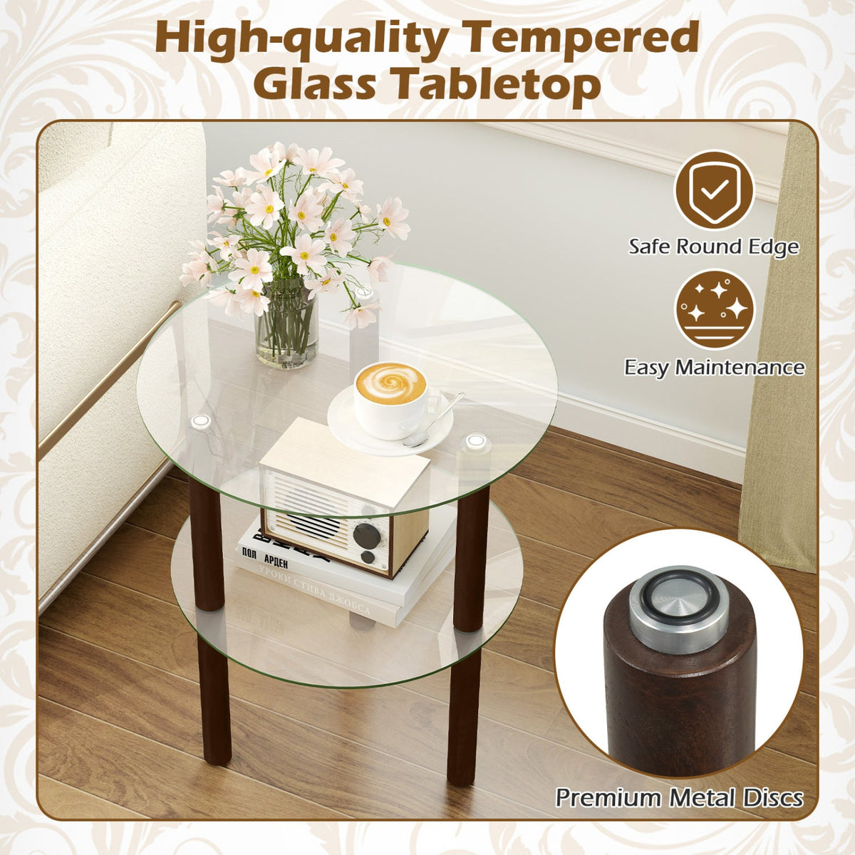 2-Tier Round End Table with Clear Tempered Glass Top and Shelf-Brown