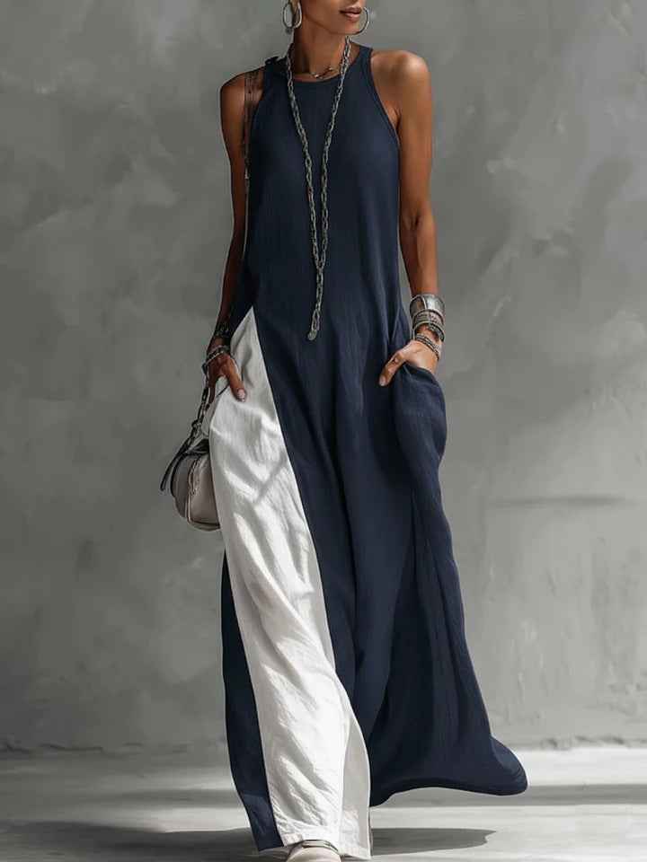 Women Strappy Maxi Dress A-line Vest Type Color Block Summer Beach Dress Loose Casual Halter Neck Pocket Side Split Long Dresses