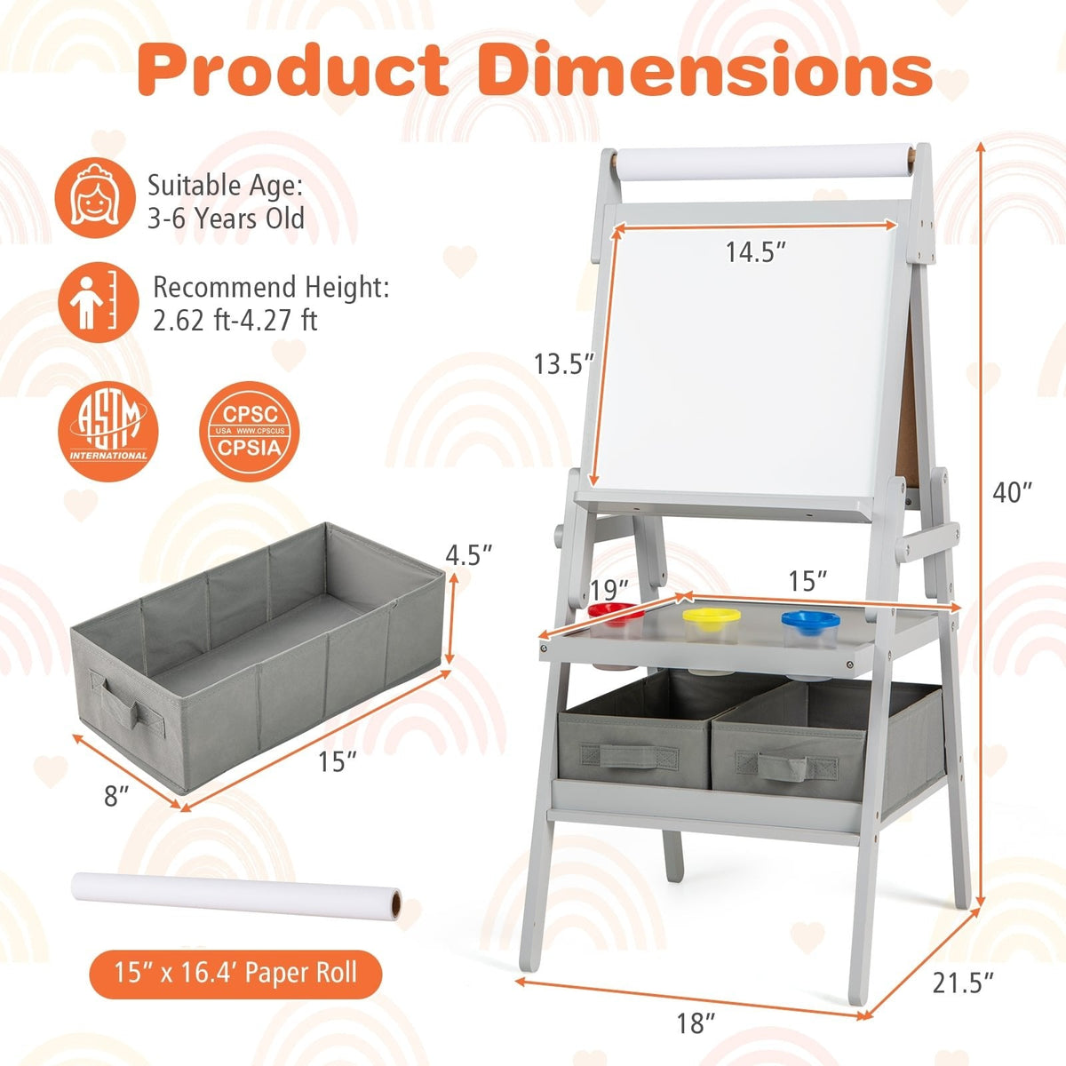 3-in-1 Art Easel for Kids with Magnetic Chalkboard and Whiteboard-Gray