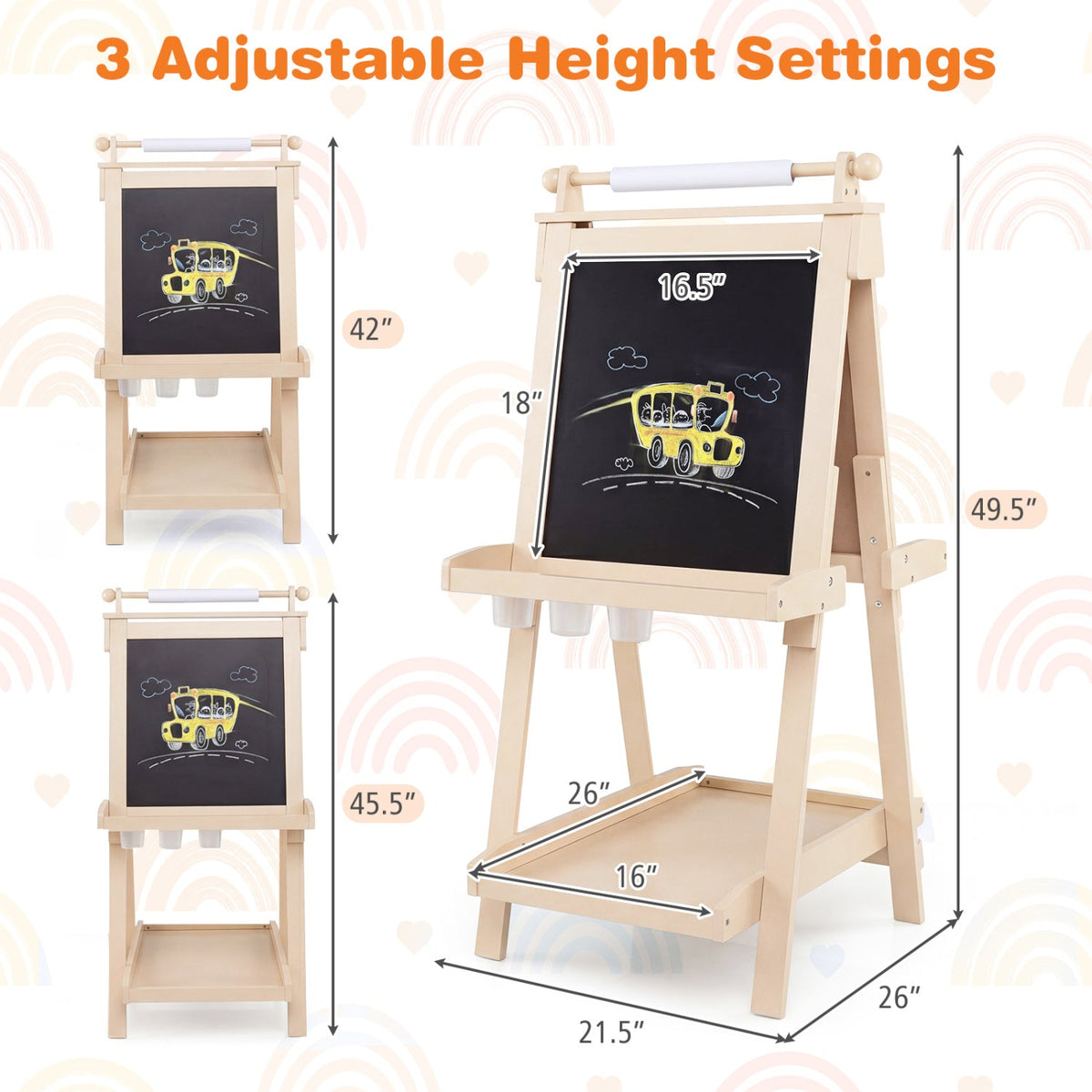 3-in-1 Double-sided Art Easel with Chalkboard and Magnetic Whiteboard-Natrual