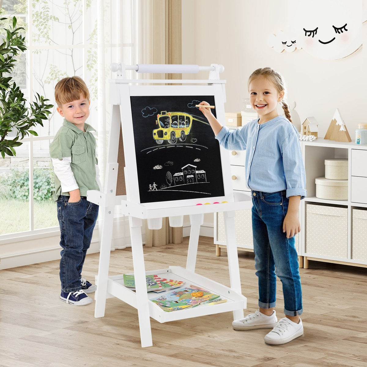 3-in-1 Double-sided Art Easel with Chalkboard and Magnetic Whiteboard-White