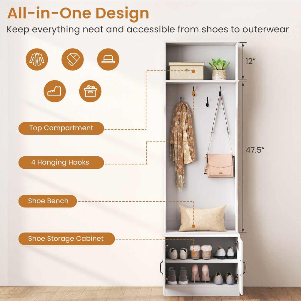 3-in-1 Hall Tree with Bench and Storage 23.5” Wide Mudroom Storage-WHite