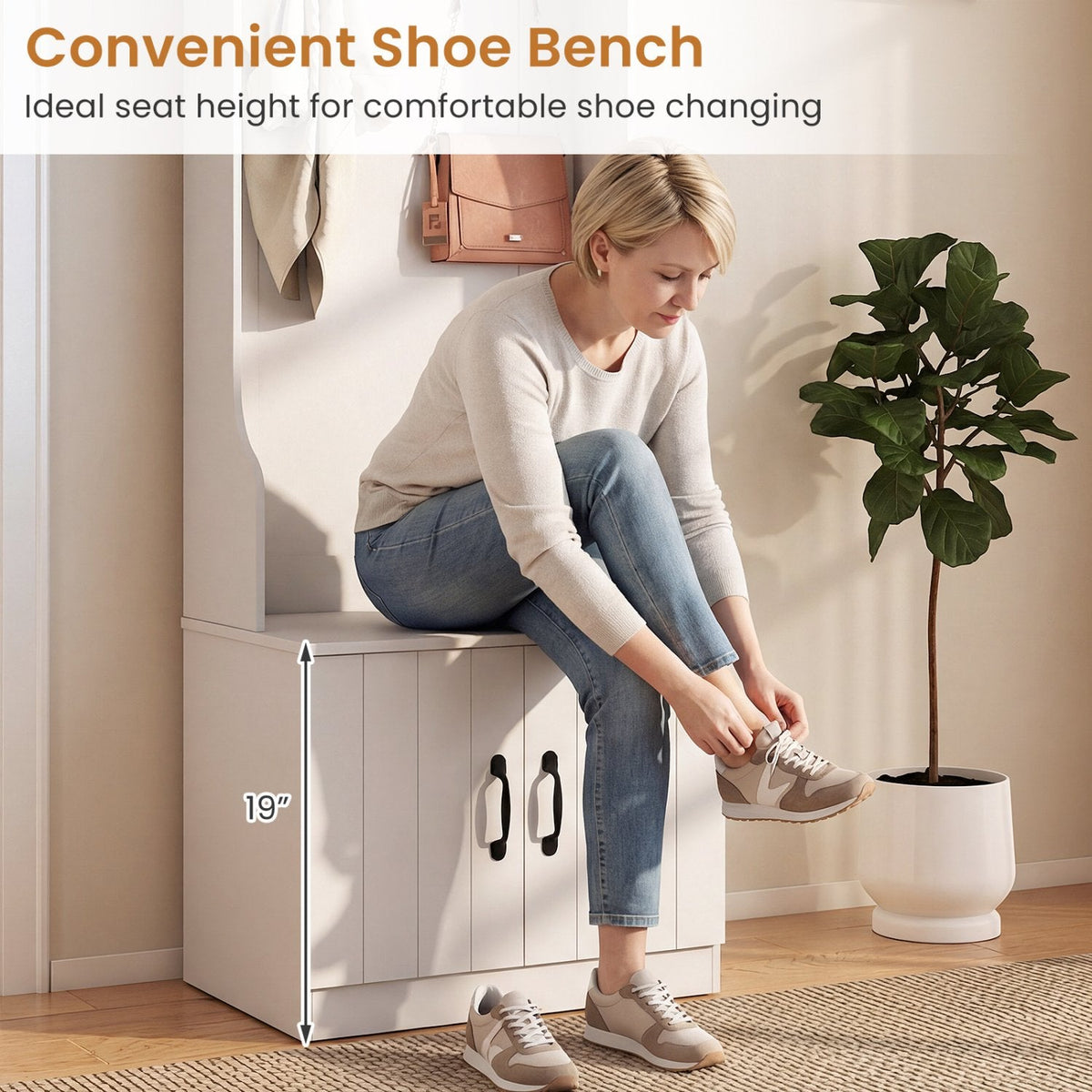 3-in-1 Hall Tree with Bench and Storage 23.5” Wide Mudroom Storage-WHite