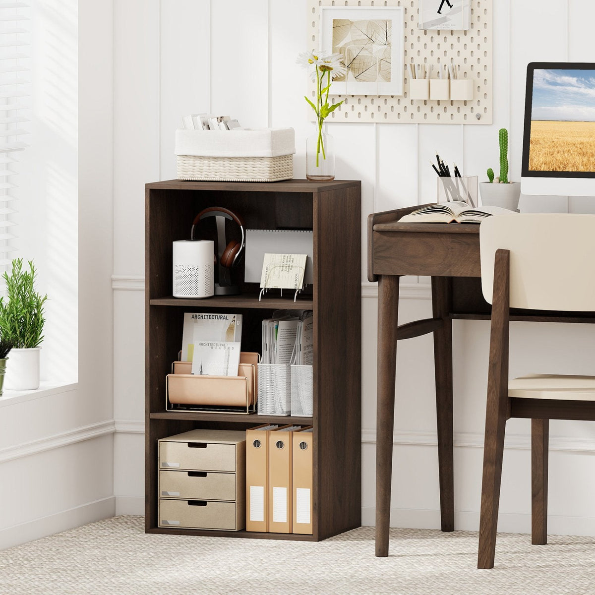 3 Shelf Walnut Bookcase, Compact Open Storage Cabinet with Adjustable Shelves